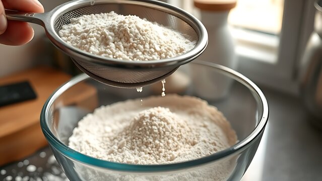 tennessine. Flour sifting through mesh sieve into bowl on kitchen counter. menu design, packaging mockups, designed for food delivery and cloud-kitchen brand materials, simplifies recipe learning.