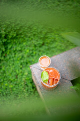 Top shot of a tomato-flavoured cocktail in an old fashioned glass, captured through soft leaves with a grassy background, highlighting natural tones and fresh garnish details.
