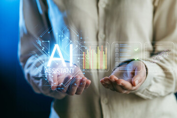 Digital interaction with AI assistant showing data analysis and metrics in a modern workspace