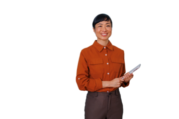 Asian woman smiling holding digital tablet wearing business casual clothing on transparent background