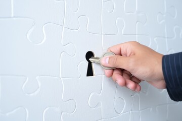 Hand Holding Key to Unlock Puzzle Piece - Conceptual Image of Solutions and Secrets