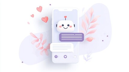 Flat emotional support chatbot on smartphone with smiling face, promoting digital wellness, calm communication, and positive mental balance