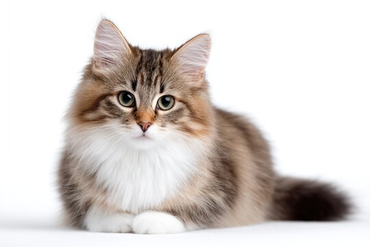 Fluffy Cat Portrait: A close-up view of a long-haired, fluffy cat, its eyes gleaming with curiosity. The cat is perfectly posed, its fur a mix of brown and white, exuding elegance and serenity.