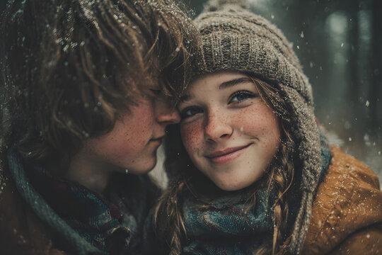 Young hipster couple hugging each other in winter forest