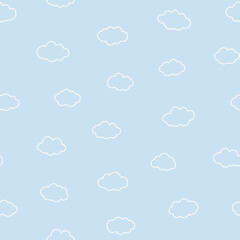 Lineart cloud seamless vector pattern cartoon continuous line soft blue background Fabric Print