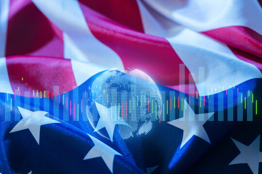 United States flag with global symbol and stock market data overlay during financial analysis