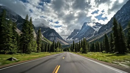 Mountain road stretching endlessly through lush forest, disappearing into towering peaks in the background, capturing the concept of limitless possibilities and adventure, perfect for.