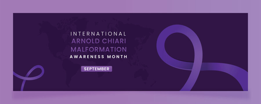 International Arnold Chiari Malformation Awareness Month in September: Purple Ribbon Banner with World Map