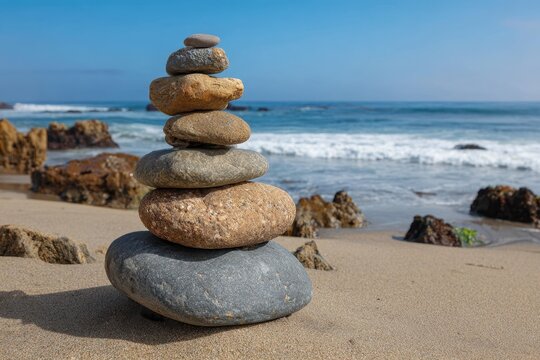 Zen balanced stone cairn artfully stacked on a sandy beach with ocean waves in the background
