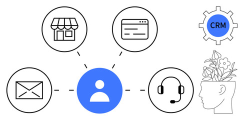 Person icon connected to store, email, web, headset, and CRM gear on right. Ideal for CRM, marketing strategy, customer service, communication analytics teamwork simple flat metaphor