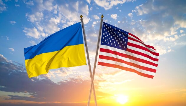 Two crossed flags, of blue and yellow, and red, white, and blue, wave against a bright, cloudy, sunset sky