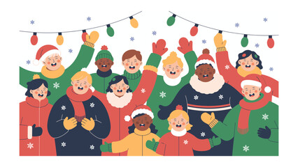 Holiday Cheer: A diverse group of children joyfully celebrate the holiday season, wearing warm winter clothing and illuminated by festive string lights, amidst a gentle snowfall.