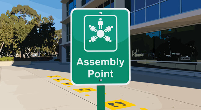 Clear assembly point sign with directional footprints guiding people to safety during emergencies or evacuations, Generative AI