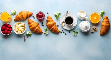 Delicious continental breakfast with croissants coffee and fresh fruit spread out