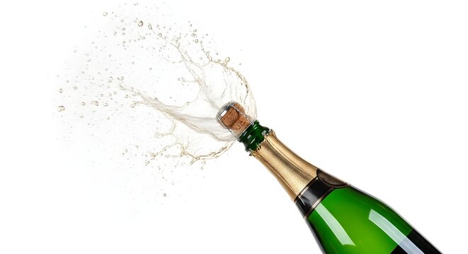 Champagne bottle popping open with a splash against a clean white background