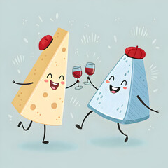 Two cheerful cartoon cheese wedges celebrating friendship with drinks during a fun party in a playful setting