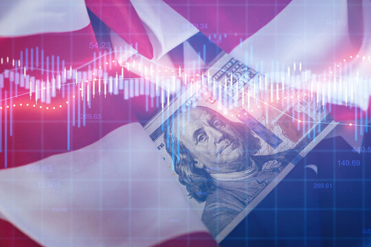 Financial analysis with American currency on a Dominican Republic flag background showcasing market trends