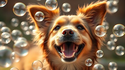 Playful dog surrounded by floating soap bubbles in a cheerful and warm natural setting.