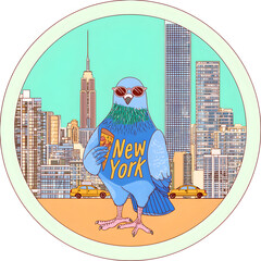 Cartoon pigeon in sunglasses holding pizza slice in vibrant New York cityscape