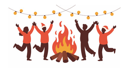 Festive Gathering around Fire: A group of friends joyfully gather around a crackling bonfire, embracing the warmth of camaraderie and shared moments, adorned with festive cheer.