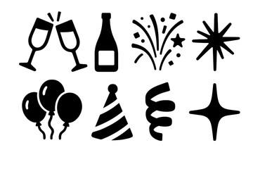 Bold Party Icons. Cheers Celebration Set silhouette icons set: clinking champagne glasses, champagne bottle, confetti burst, fireworks spark, balloon bunch, party hat, ribbon swirl.