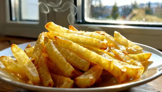 Delicious golden french fries on a plate near a window.