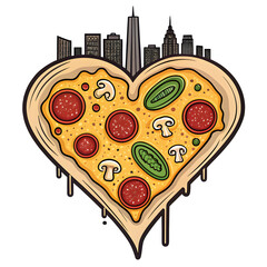 Cartoon illustration of a heart shaped pizza with lively toppings against a city skyline