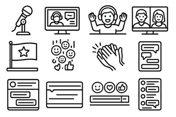 Live Streaming Excitement. Event Commentary linear icons: microphone setup, streaming monitor, excited host, live reactions, event banner, splitscreen guests, emoji rain, clapping.