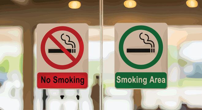 Clear signage designating no smoking zones and designated smoking areas inside a modern building entrance, Generative AI