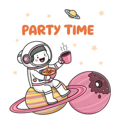 Cute cartoon illustration features an astronaut enjoying a drink while sitting on a colorful planet with party vibes in space