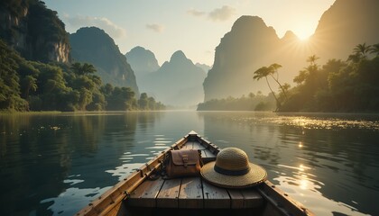 Peaceful boat journey through serene mountain river landscape at sunrise with lush greenery