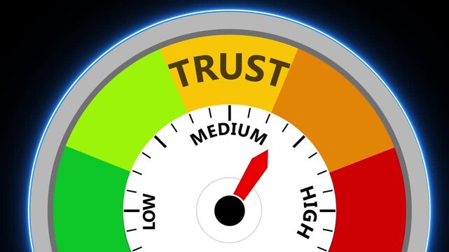 Trust level gauge with red needle pointing to medium on a black background with blue neon light meter