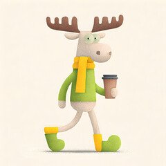 Cartoon moose walks cheerfully with coffee in cozy fall attire