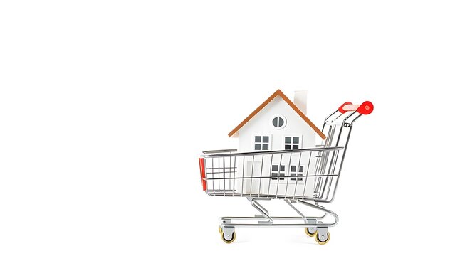 Miniature house model in a shopping cart, symbolizing the concept of home buying.