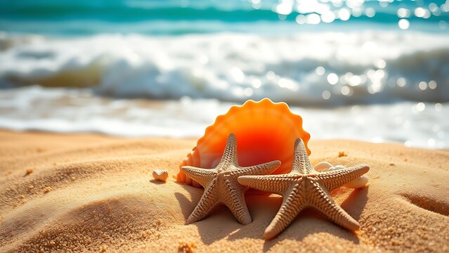 Seashells and starfish on sand, evoking tranquility of a tropical beach.