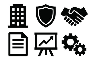 Corporate Trust Icons. Corporate trust building silhouette icons set: building, shield, handshake, document paper, chart board, gears.