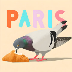 Cartoon pigeon enjoying a croissant in a colorful Paris setting during daytime