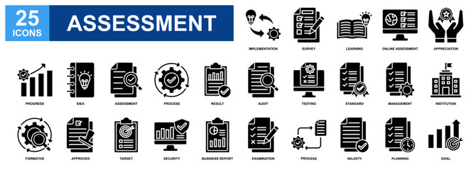 Assessment icon set collection. Containing design Implementation, Online Assessment, Approved, Learning, Examination