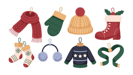 Cozy Winter Attire Collection: A delightful assortment of winter accessories, showcasing a warm knitted scarf, a comfortable mitten, a soft beanie, a cozy boot, a cute stocking, warm earmuffs.