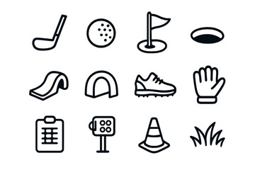 Obraz premium Mini Golf Essentials. Mini Golf Icons linear icons: club, ball, flag, hole, ramp, obstacle, shoe, glove, scorecard, light, cone, grass.