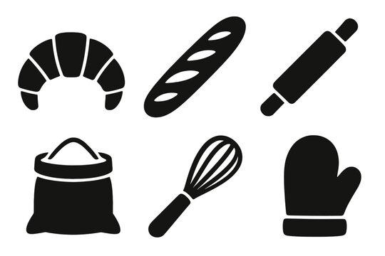 Brutalist Bakery Icons. Bakery Delights silhouette icons set: croissant, baguette, rolling pin, flour bag, whisk, oven mitt.