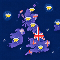 Weather map showing thunderstorms and rain across the United Kingdom with flags and lightning symbols