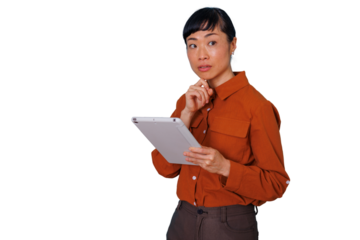 Asian woman thinking while holding a tablet computer, strategizing and finding solutions, transparent background