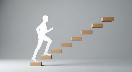 Silhouette of a man walking up wooden steps against a gray background