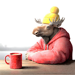 Whimsical moose in a bright yellow hat enjoying a warm drink by the water during a calm morning scene