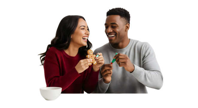 Two people decorating gingerbread men