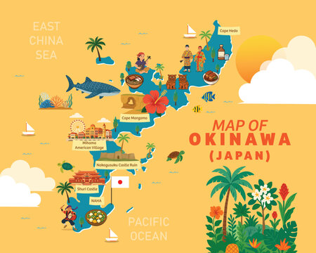 Okinawa Japan cartoon vector map with travel icons