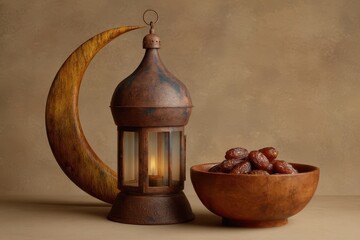 Traditional islamic crescent moon lantern and dates in a wooden bowl for ramadan celebrations