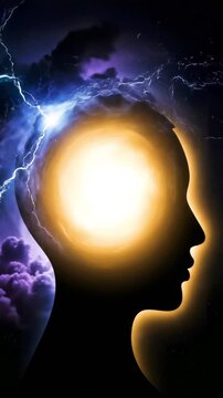 Dynamic mind with bright light and storm clouds evokes deep thought, creativity, and mental power for innovative problem-solving and strategic thinking