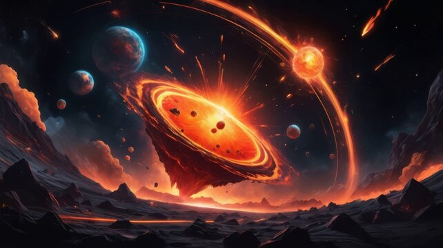 A colossal glowing disk erupts with molten energy above a rugged alien terrain, surrounded by scattered planets, vibrant cosmic debris, and streaking fiery fragments 